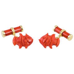 Trianon Carved Coral Gold Fish Cufflinks