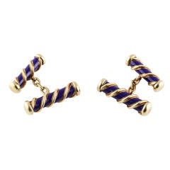 Tiffany & Co. Schlumberger Blue Enamel Gold Bar Cufflinks