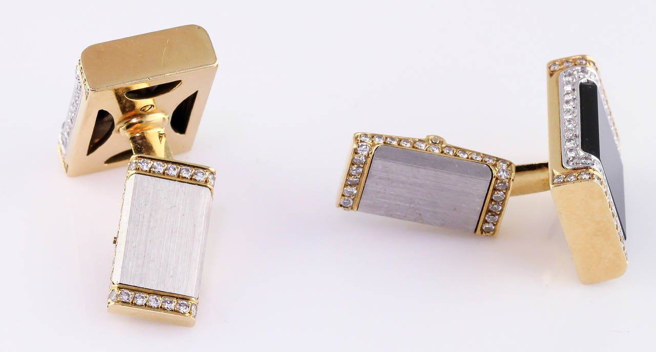French Onyx Diamond Two Tone Gold Cufflinks In Excellent Condition In New York, NY