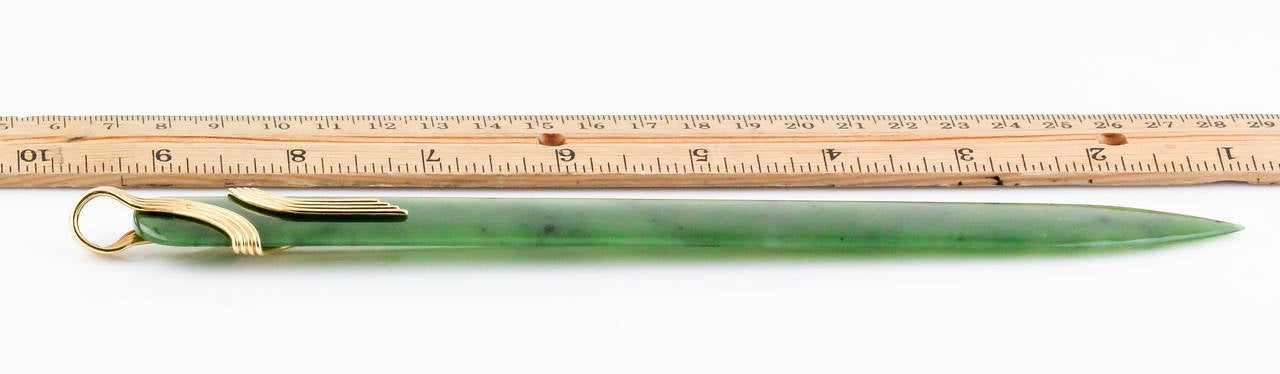 Rare and unusual nephrite and 18K gold letter opener by Tiffany & Co. Schlumberger. 

Hallmarks: Tiffany & Co., Schlumberger, 18k.