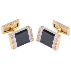 French Onyx Diamond Two Tone Gold Cufflinks