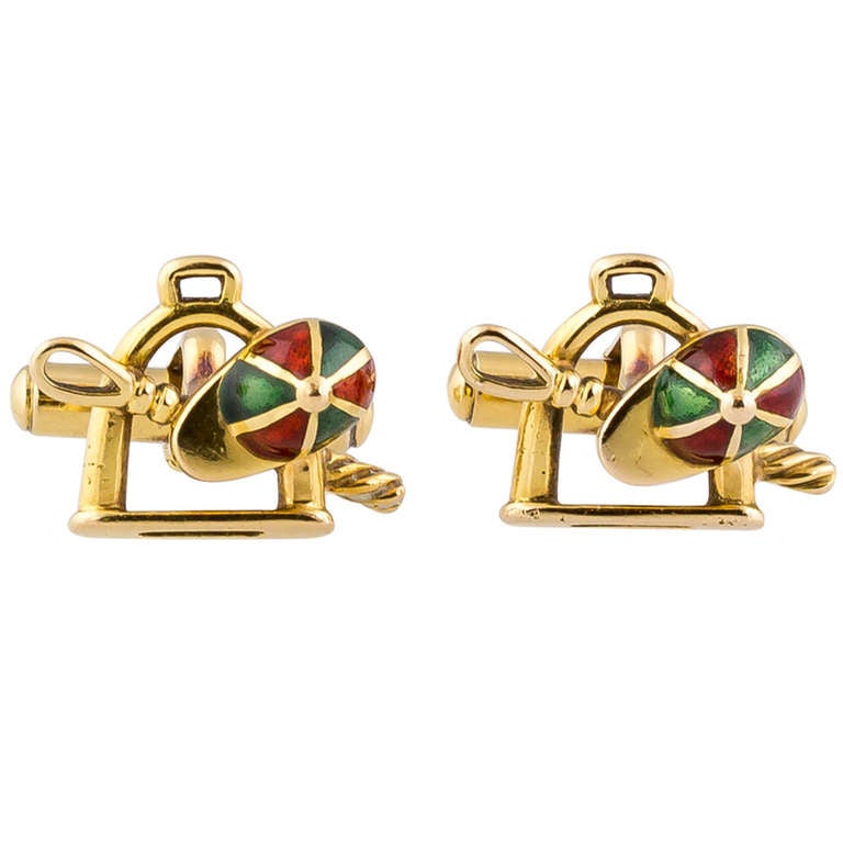 Gucci Estate Enamel and Gold Equestrian Motif Cufflinks