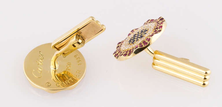 CARTIER Diamond Ruby Sapphire & Gold Cufflinks In Excellent Condition In New York, NY