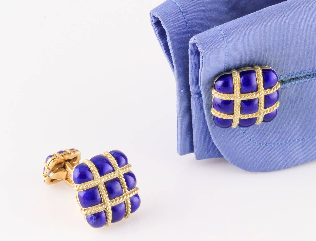 Blue Enamel Gold Twisted Rope Design Button Cufflinks 1