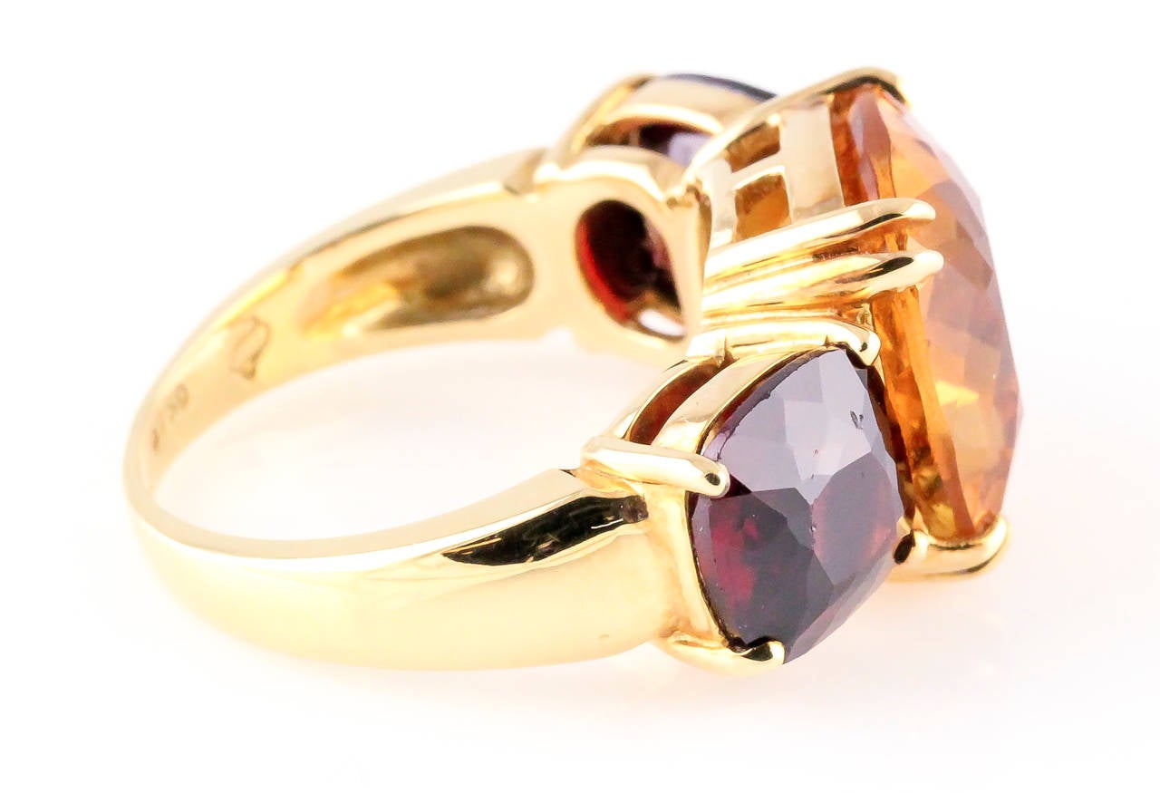 Seaman Schepps Citrine Garnet Gold Three Stone Ring In Excellent Condition In New York, NY