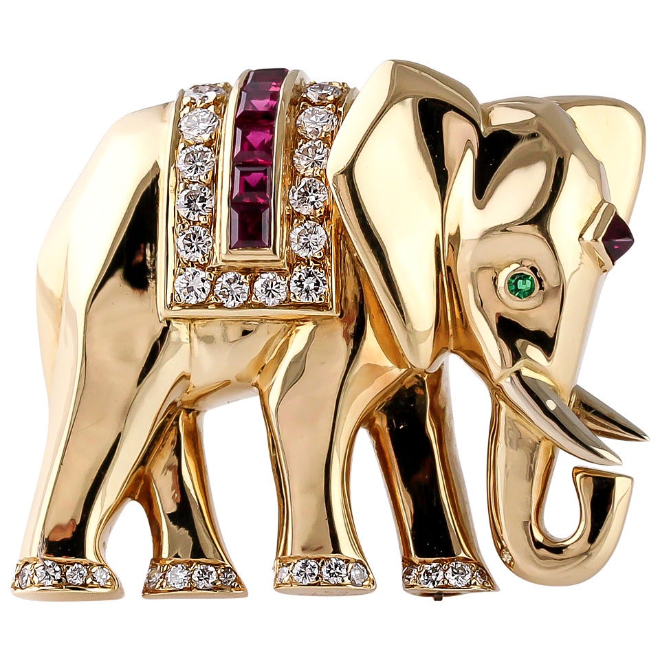 Cartier Ruby Emerald Diamond Gold Elephant Brooch