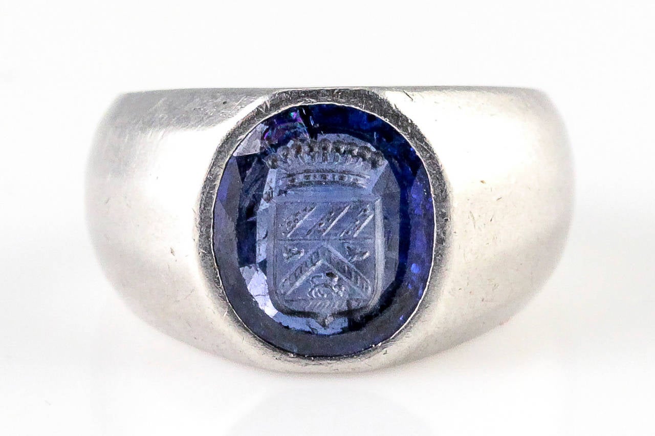Very rare and unusual sapphire and platinum signet ring by Cartier, circa 1930s. It features a rich blue Burmese oval sapphire, approx. 9.8x8.5x3.3mm (approx. 2.25cts) with no evidence of heat enhancement.  Comes with AGL report stating the sapphire