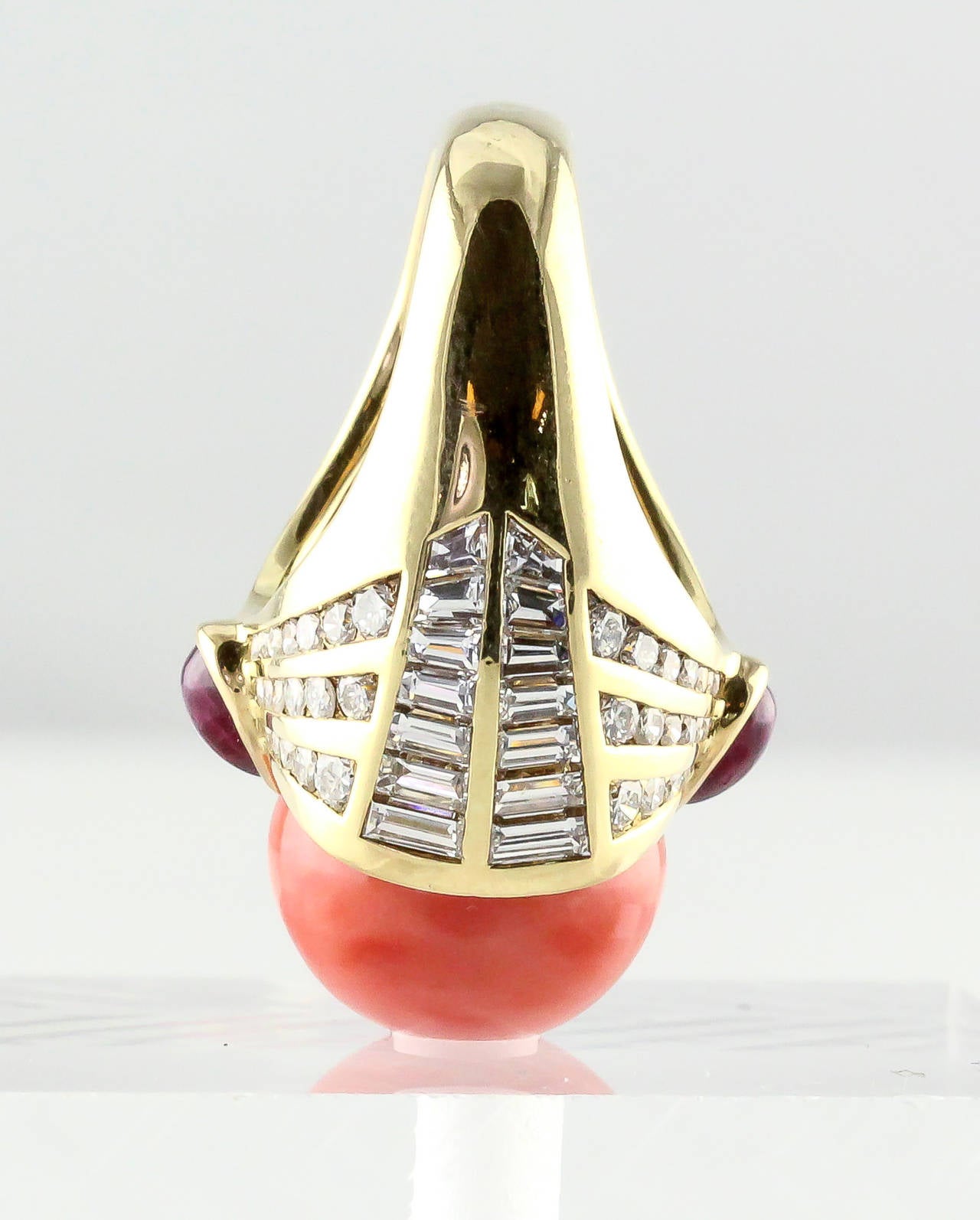 Mauboussin Monture Coral Pink Ruby Diamond Gold Ring In Excellent Condition In New York, NY