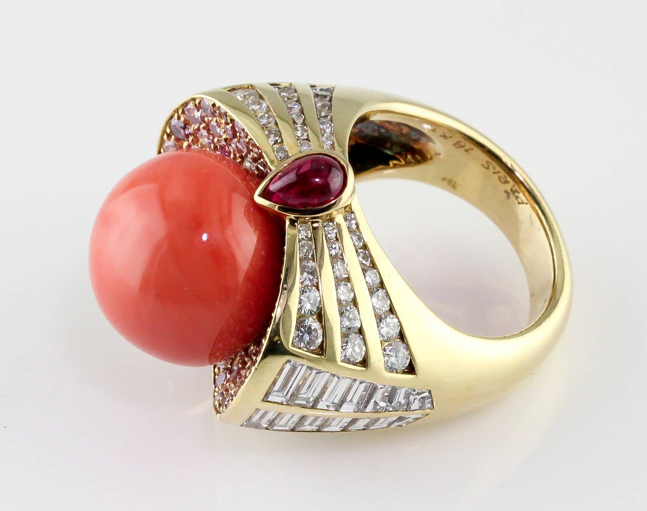 Women's Mauboussin Monture Coral Pink Ruby Diamond Gold Ring
