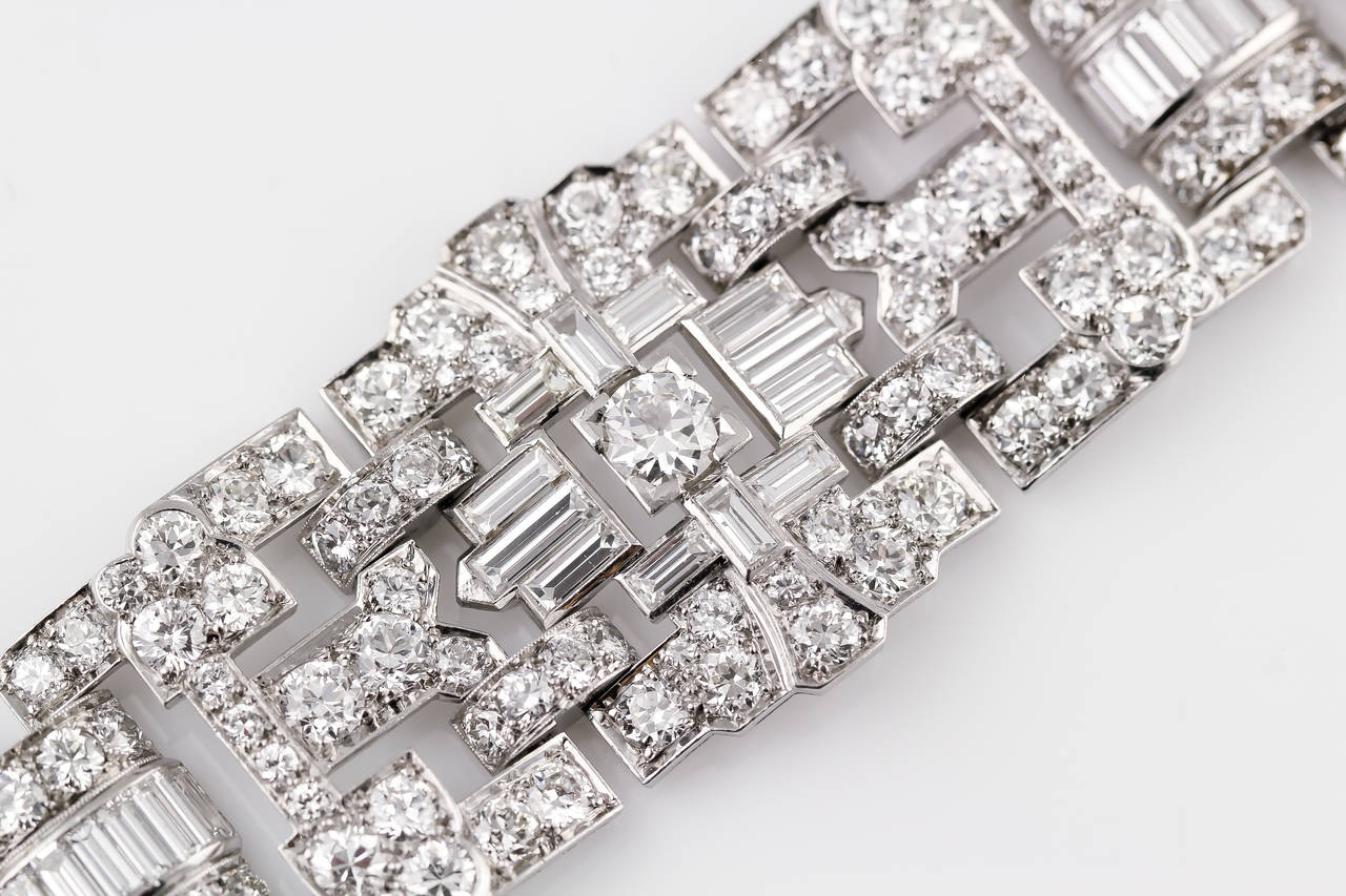 Women's Impressive Art Deco 32 Carat Wide Diamond Platinum Bracelet For Sale