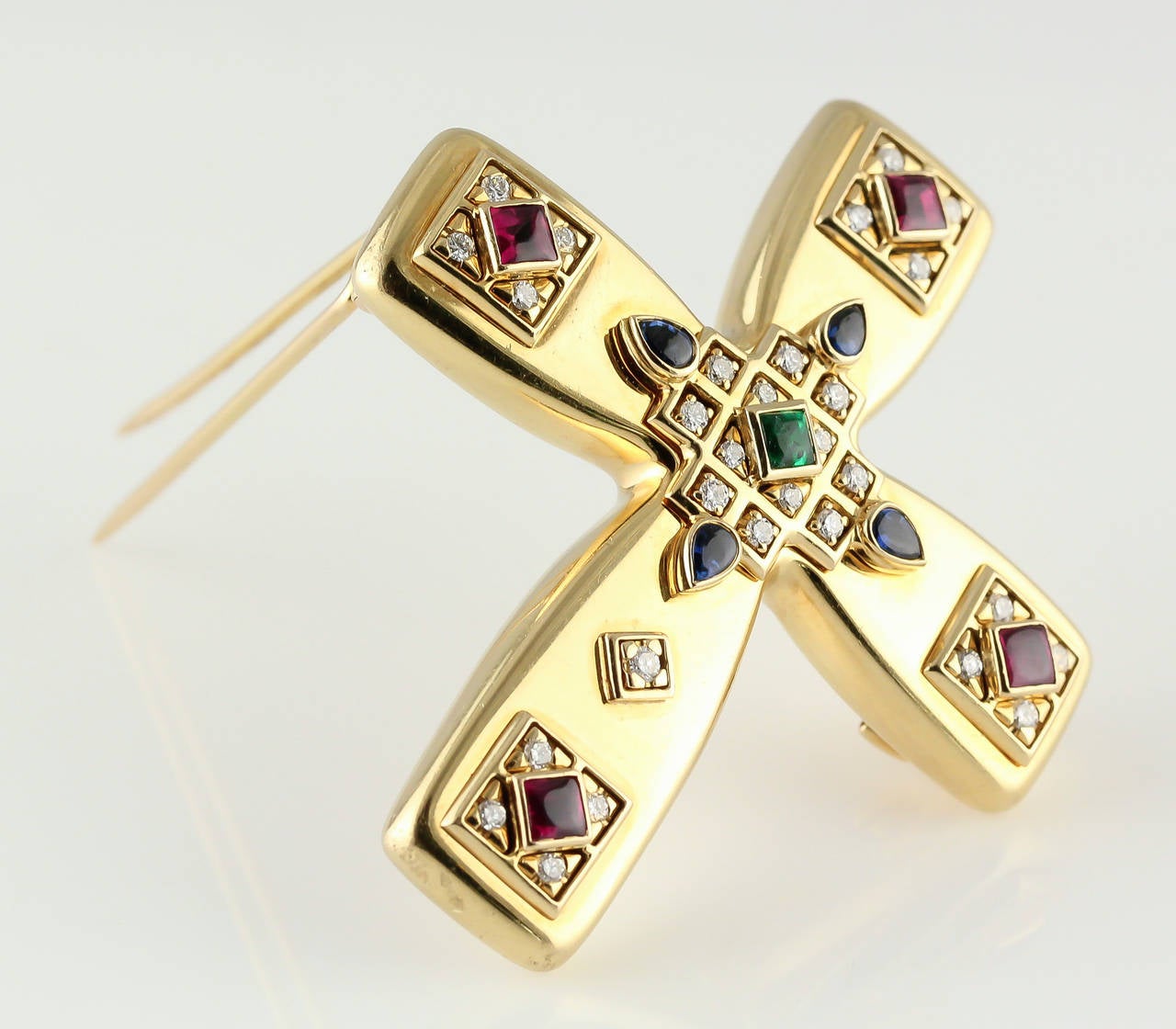 Women's or Men's Cartier Emerald Sapphire Ruby Diamond Gold Cross Brooch Pendant