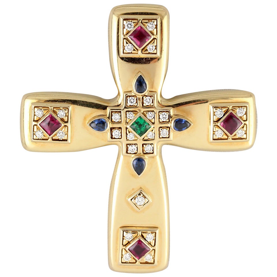 Cartier Emerald Sapphire Ruby Diamond Gold Cross Brooch Pendant