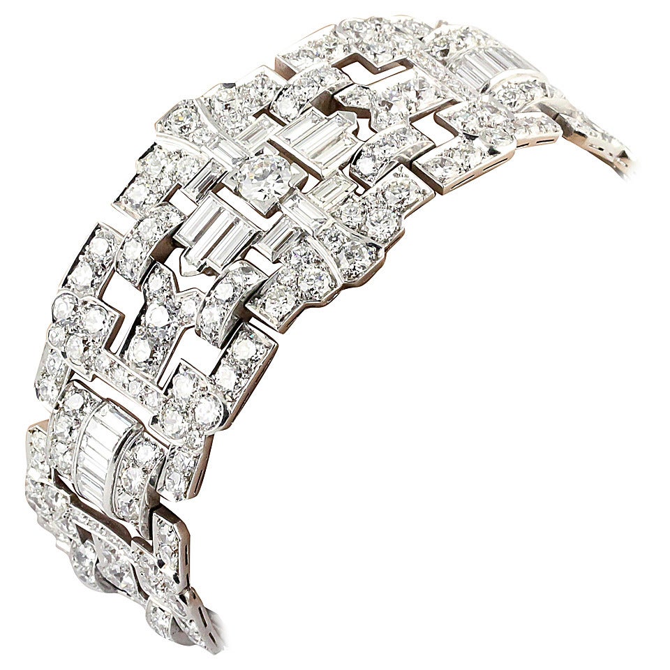 Impressive Art Deco 32 Carat Wide Diamond Platinum Bracelet For Sale