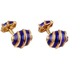 Tiffany & Co. Schlumberger Olives Blue Enamel Gold Cufflinks