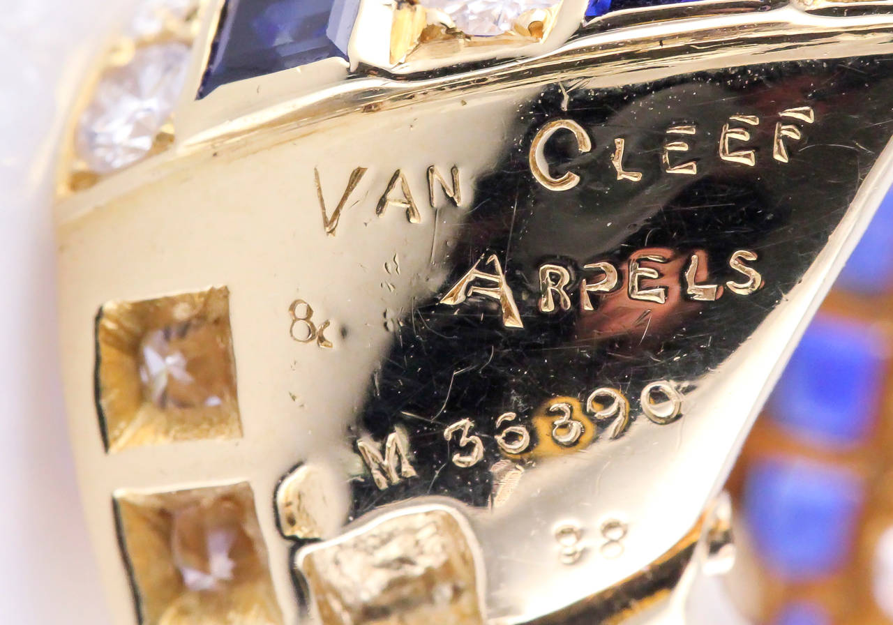 1960s Van Cleef & Arpels Sapphire Diamond Gold Hoop Earrings 2