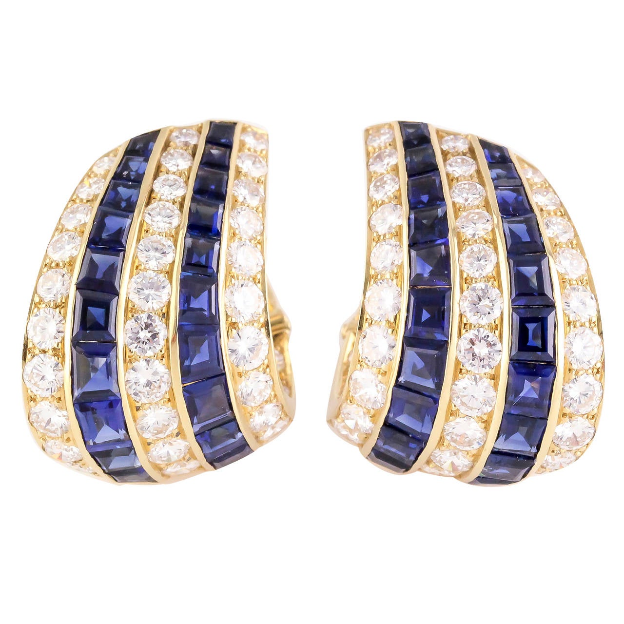 1960s Van Cleef & Arpels Sapphire Diamond Gold Hoop Earrings