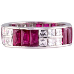 French Cut Diamond Cross Cut Ruby Platinum Band Ring