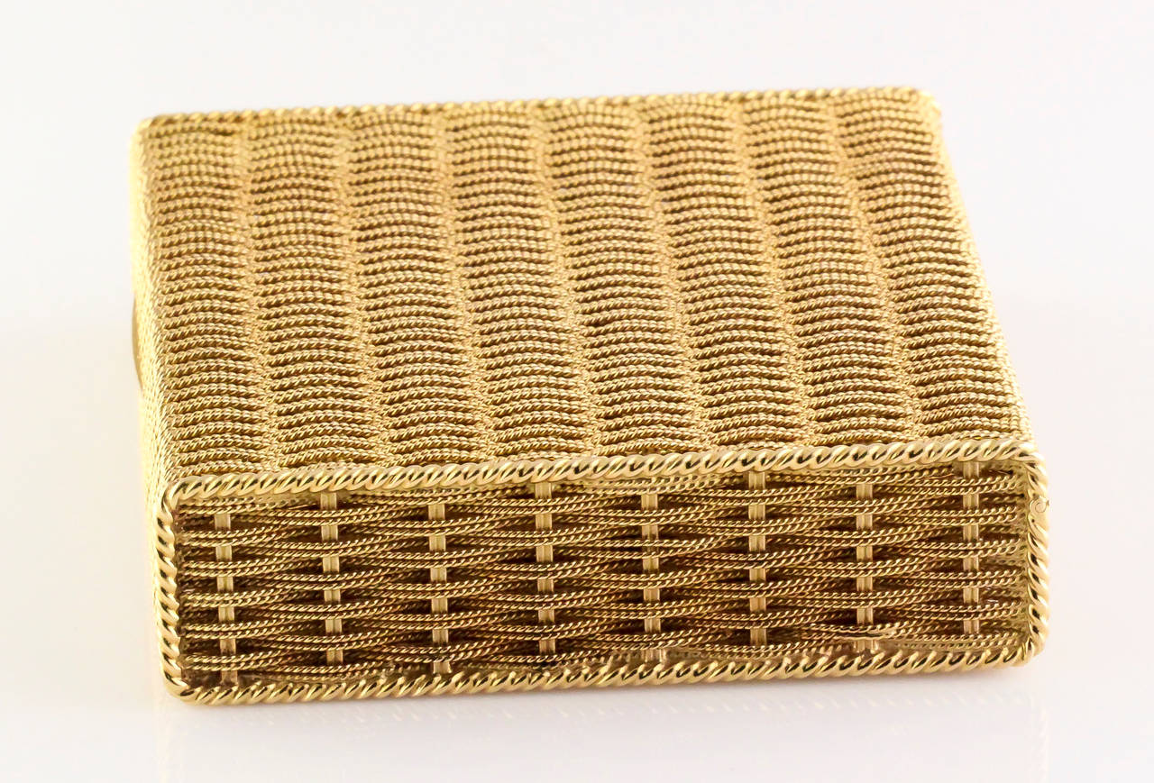 Handsome 18k yellow gold basket weave box  by Tiffany & Co. Schlumberger, circa 1960s and made in France. Highly detailed with beautiful workmanship throughout. Comes with original signed case.

Hallmarks: Tiffany Schlumberger, Made in France,