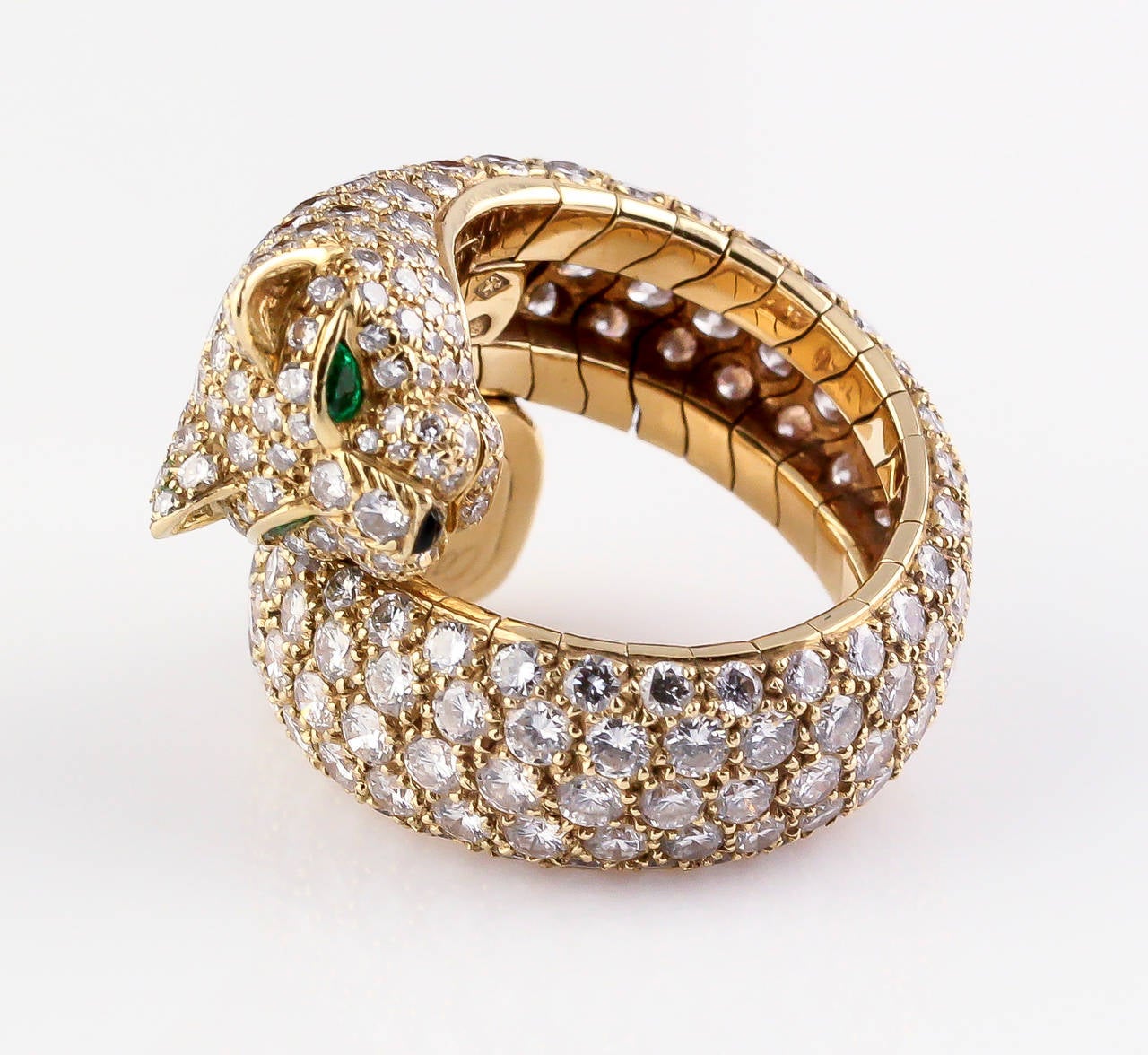 Women's Cartier Panther Diamond Emerald Enamel and Gold Ring