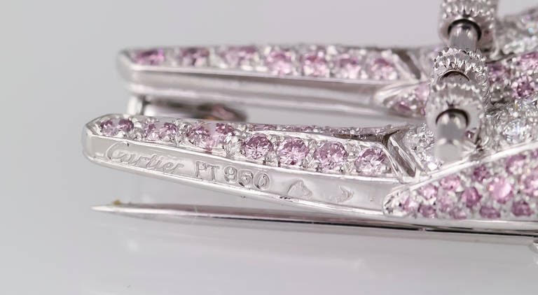 Contemporary Cartier Pink and White Diamond Platinum Lovebirds Brooch