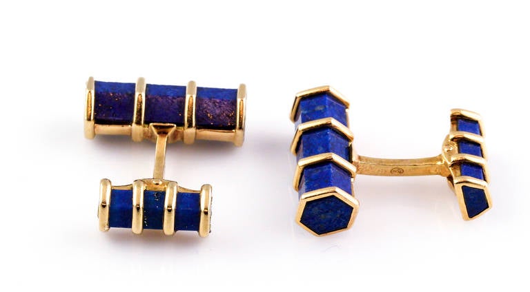 Handsome  blue lapis and 18K yellow gold cufflinks by Neiman Marcus, of French origin and  circa 1960s.
Hallmarks: French 18K gold assay marks, 18KT, maker's mark NM for Neiman Marcus.