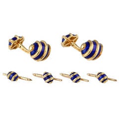 Tiffany & Co. Schlumberger Blue Enamel Yellow Gold Cufflink and Stud Set