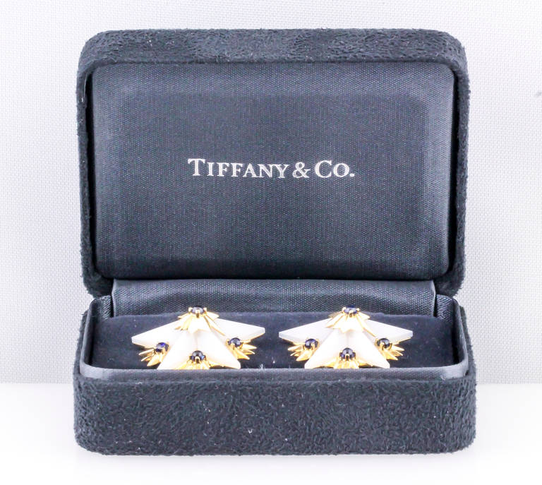 Tiffany & Co. Schlumberger Agate Sapphire Gold Earrings 1