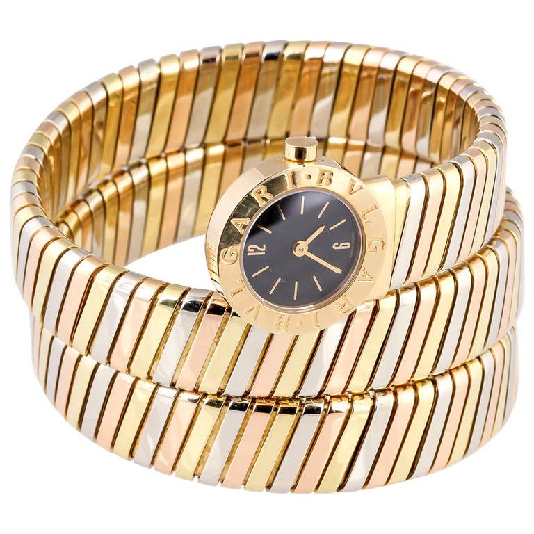 Bulgari Ladies Tricolor Gold Tubogas Snake Quartz Wristwatch, circa 1980s