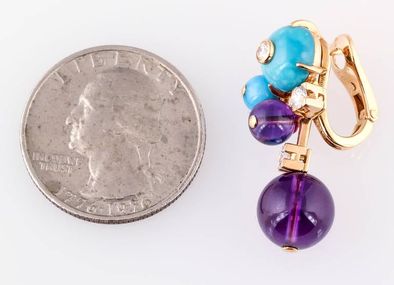 Rare and unusual 18K gold, diamond, amethyst and turquoise earrings from the 