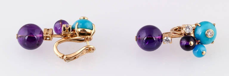 Cartier Les Delices Türkis Amethyst Diamant Gold Ohrringe im Zustand „Hervorragend“ in New York City, NY
