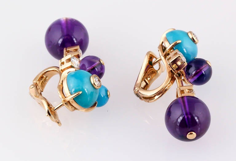 Cartier Les Delices Turquoise Amethyst Diamond Gold Earrings In Excellent Condition In New York, NY