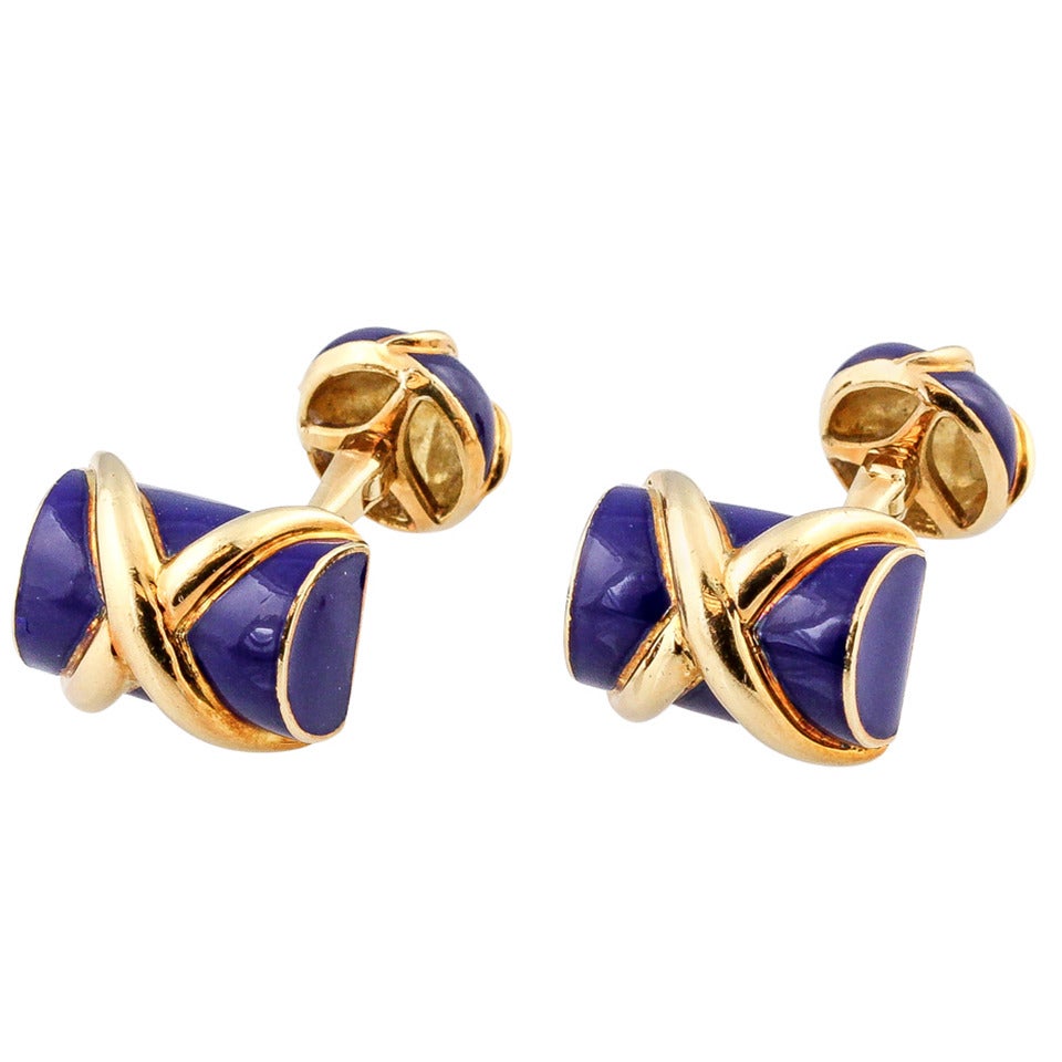 TIFFANY and CO. SCHLUMBERGER Blue Enamel and Gold Log Cufflinks at 1stdibs