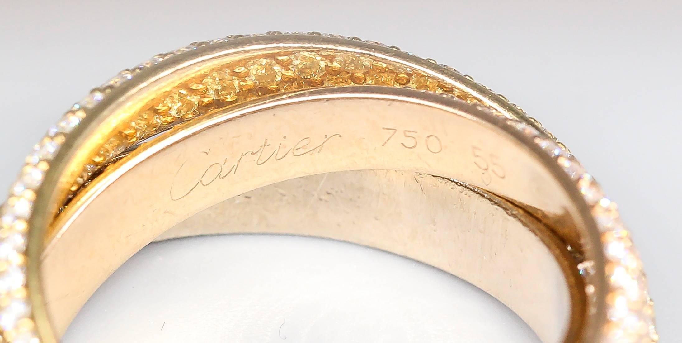 Cartier Trinity Classic Diamond Three Color Gold Rolling Band Ring In Excellent Condition In New York, NY
