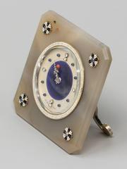 Lacloche Art Deco Diamond Sapphire Agate Coral Silver and Enamel Desk Clock