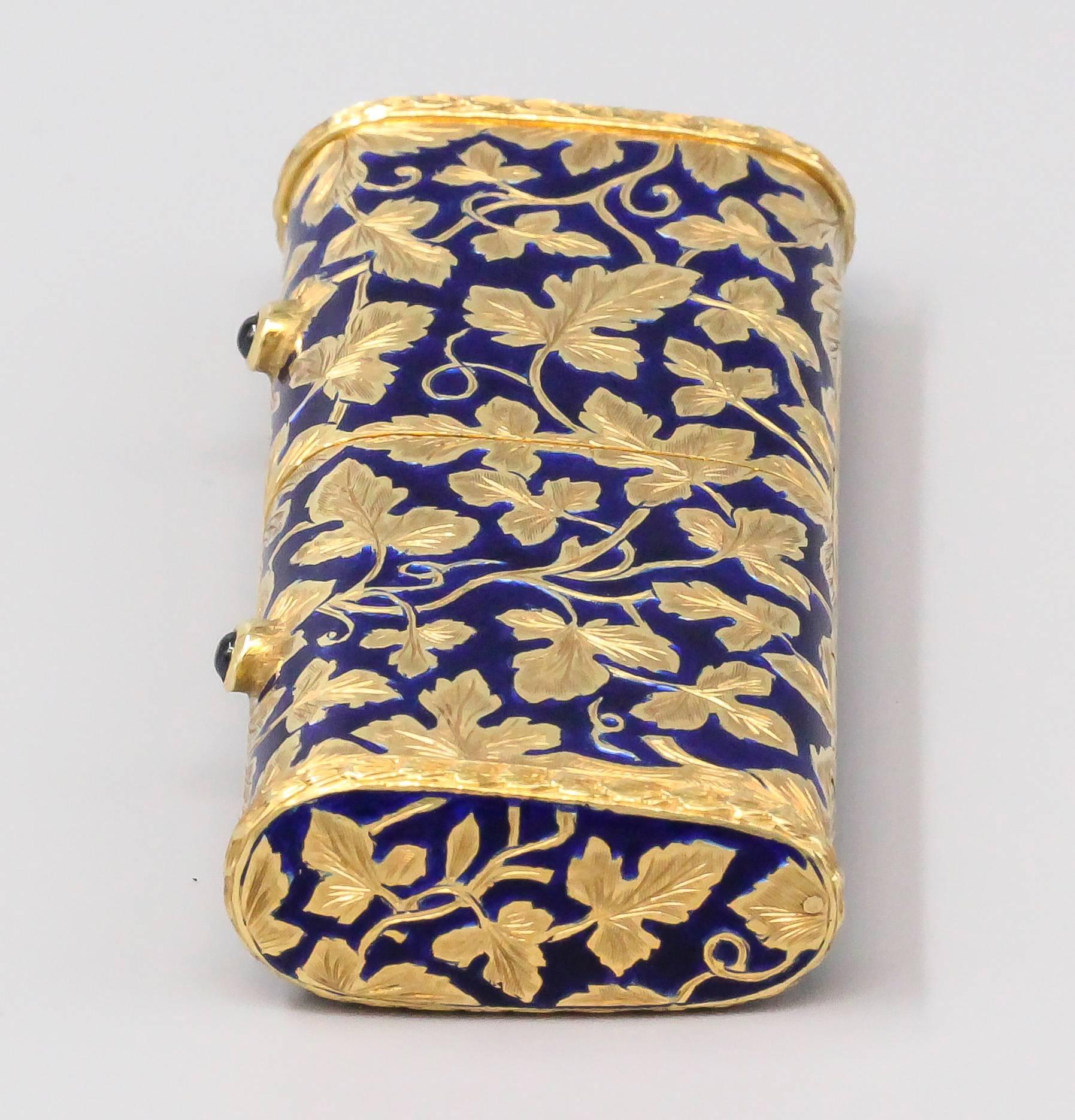 ITALIAN Sapphire Blue Enamel and Gold Dual Compartment Pill Box In Excellent Condition In New York, NY
