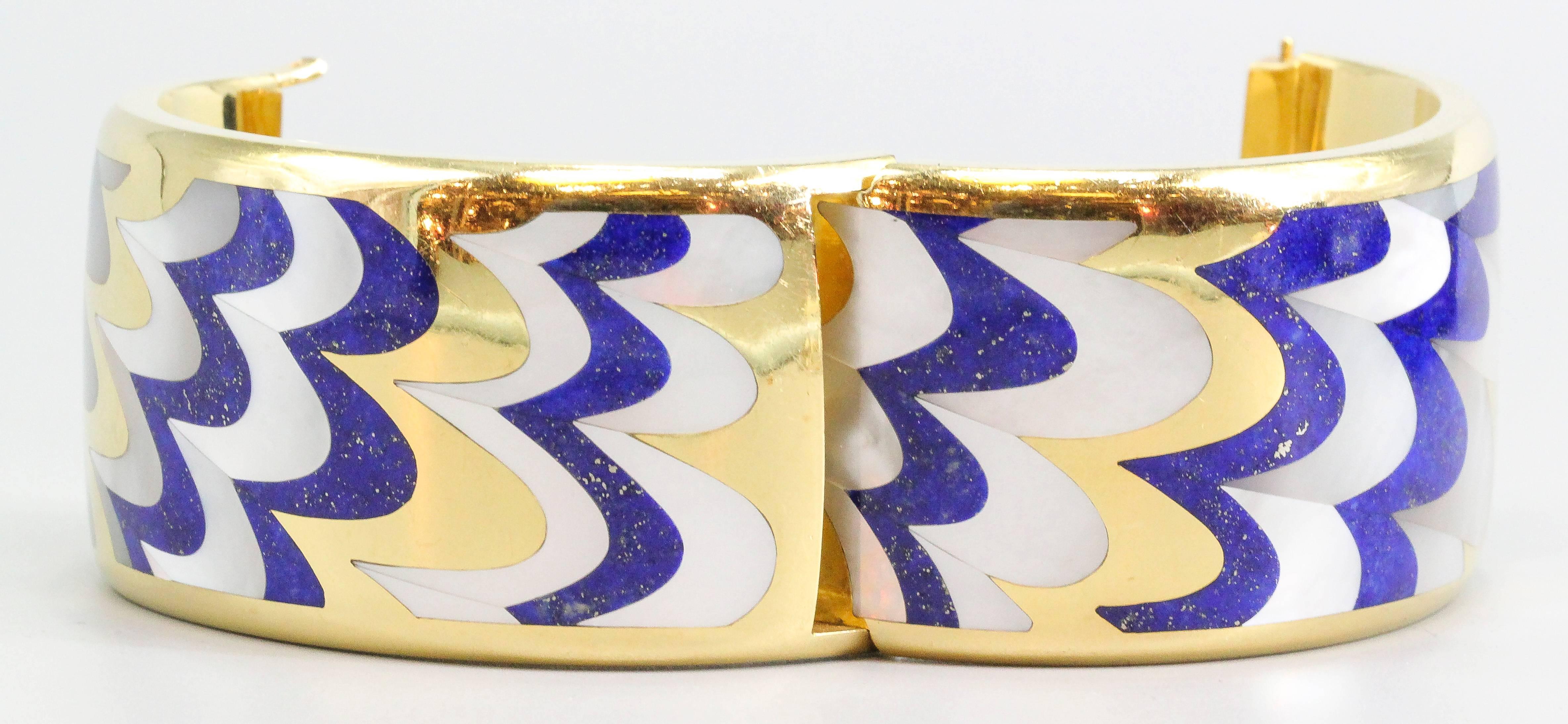 Tiffany & Co. Angela Cummings Inlaid Lapis Mother of Pearl Gold Bangle Bracelet In Excellent Condition In New York City, NY