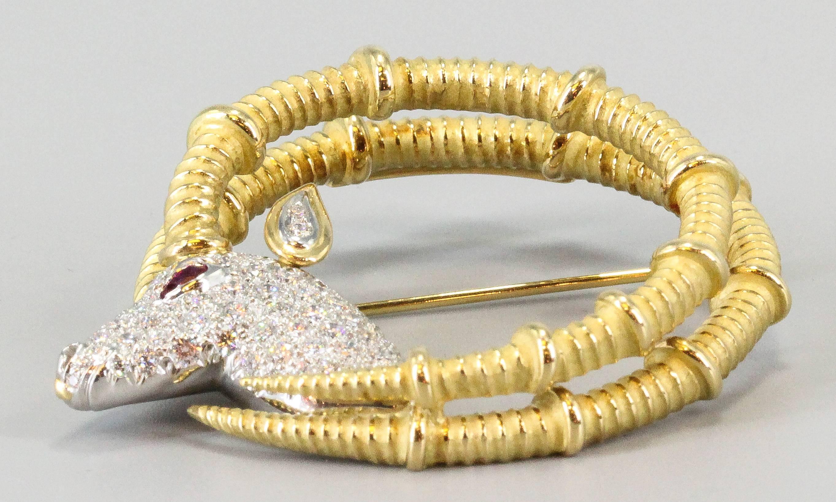 Women's Tiffany & Co. Schlumberger Ruby Diamond Platinum Gold Ibex Brooch
