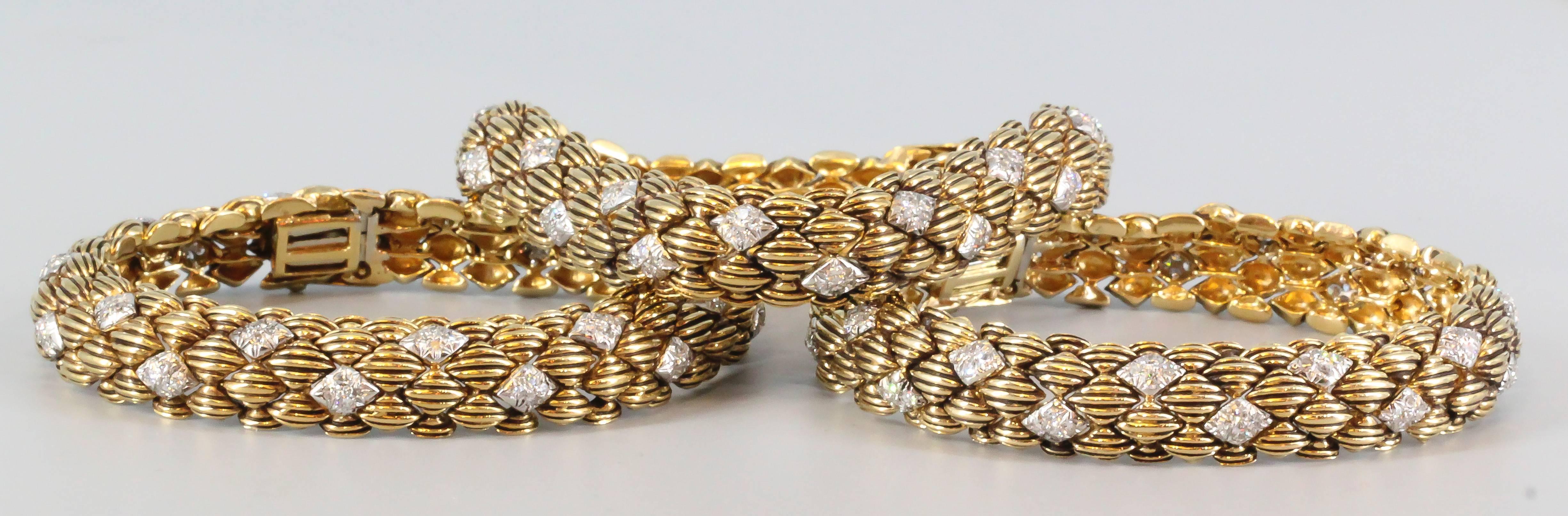 Taille brillant David Webb, ensemble de 3 bracelets à maillons en or 18 carats avec diamants en vente