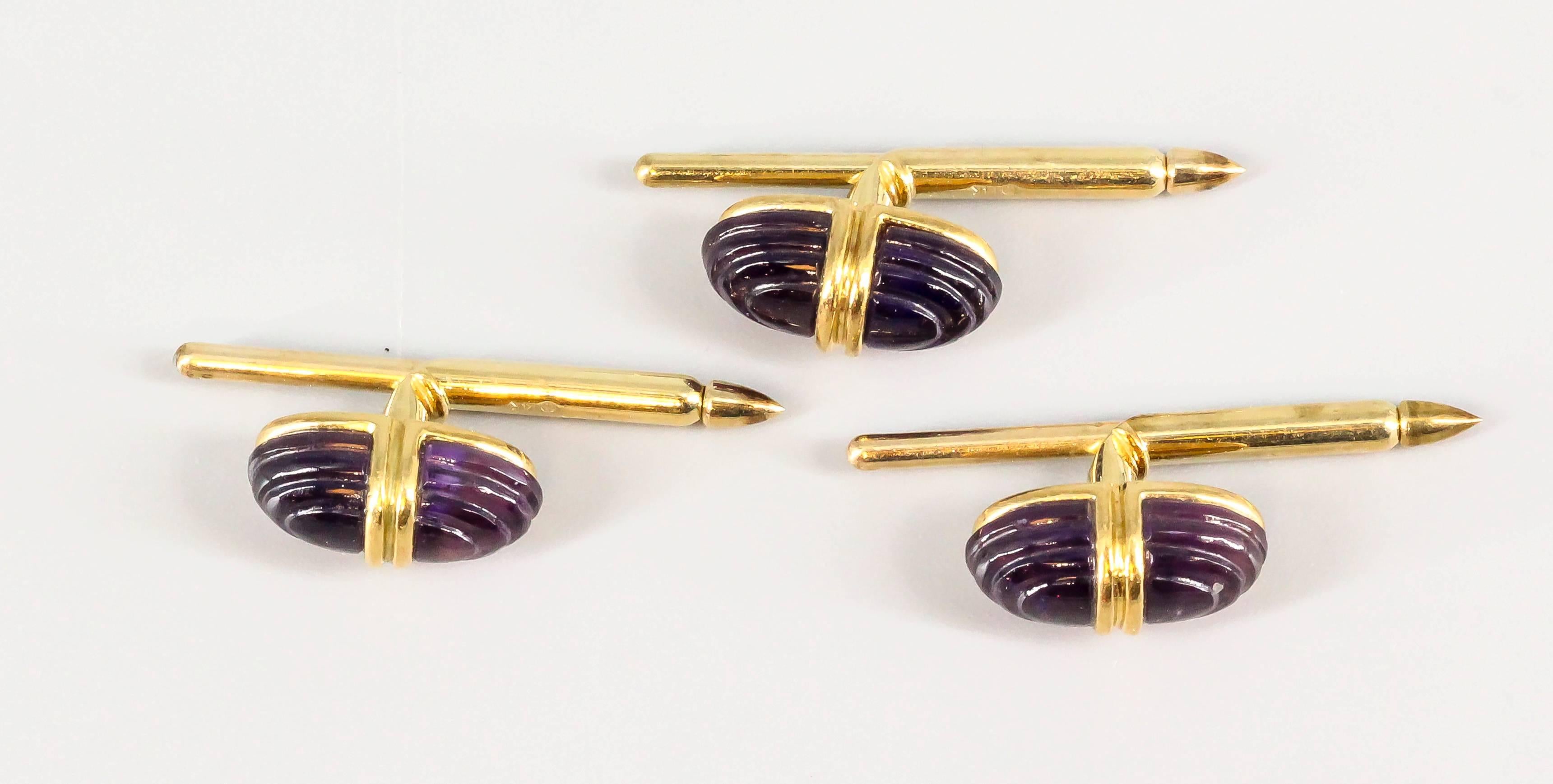 Bulgari Carved Amethyst Gold Cufflinks and Studs Set In Good Condition In New York, NY