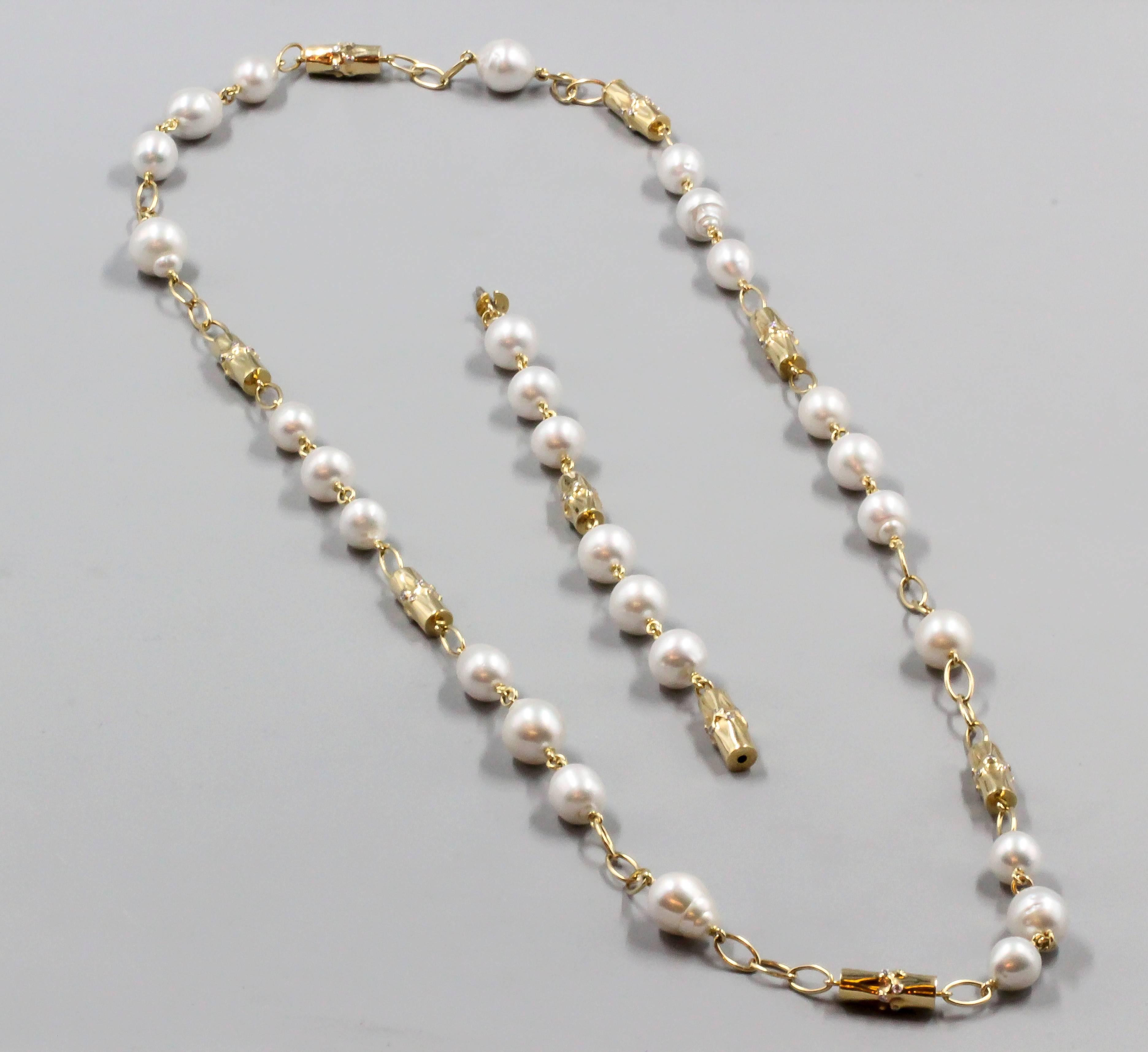 Verdura Bamboo South Sea Pearl Diamond Gold Necklace and Bracelet ...