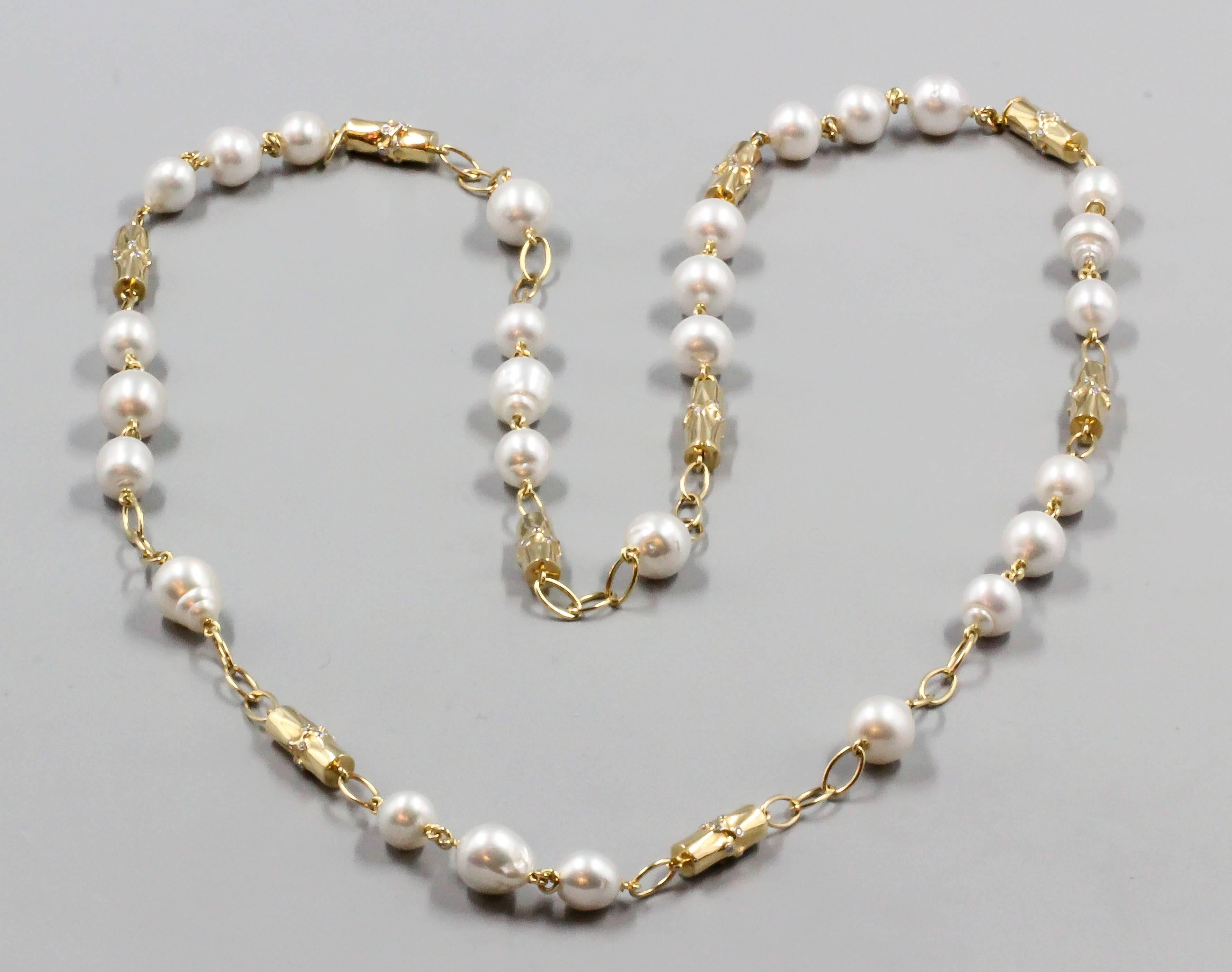 Verdura Bamboo South Sea Pearl Diamond Gold Necklace and Bracelet Combination In Excellent Condition In New York, NY