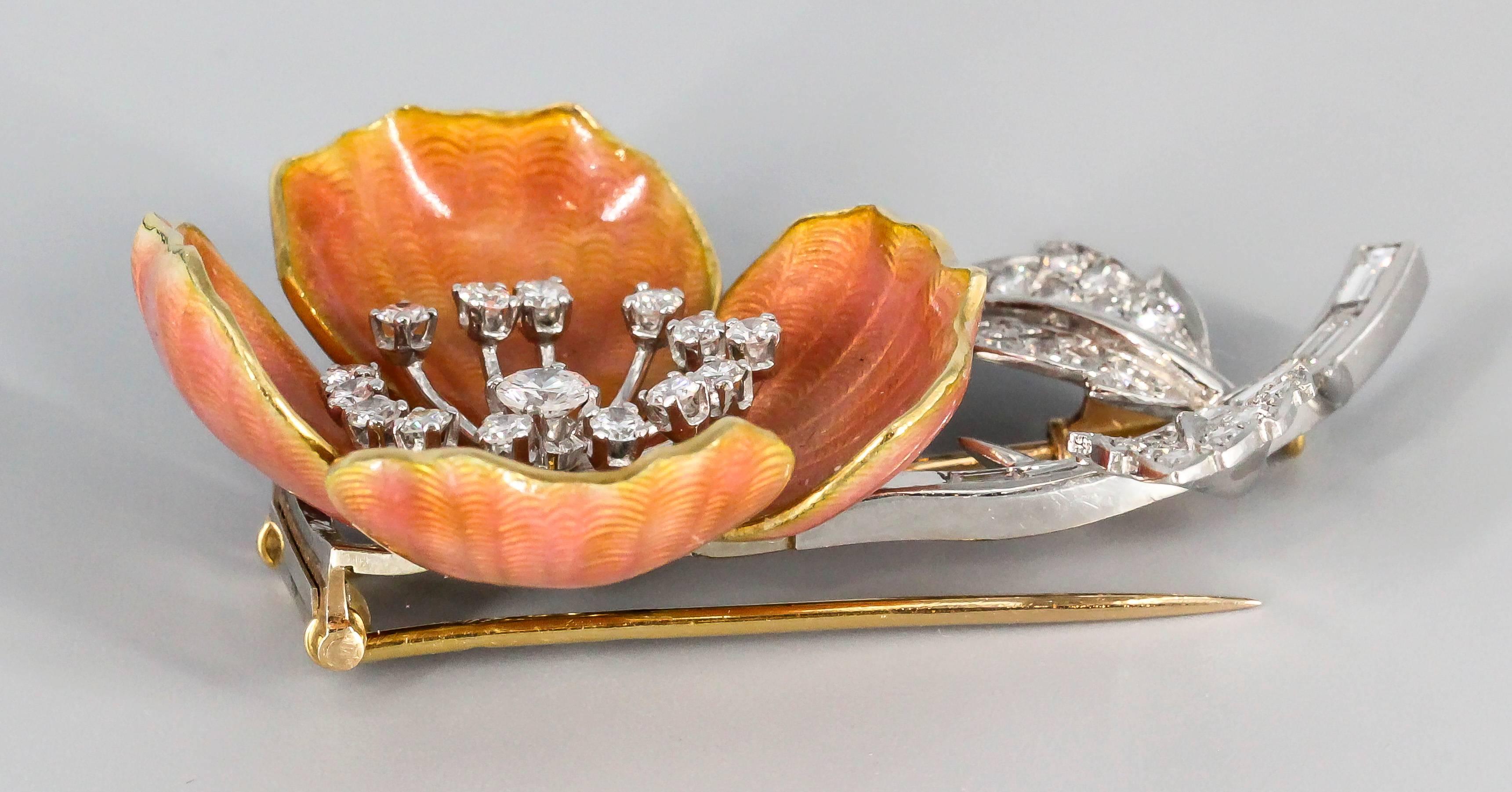 Vibrant diamond, enamel, 18K gold and platinum flower brooch by Boucheron. It features very high grade brilliant round cut and tapered baguette cut diamonds, approx. 3.0cts total weight. Also features peach colored guilloche enamel on the petals,