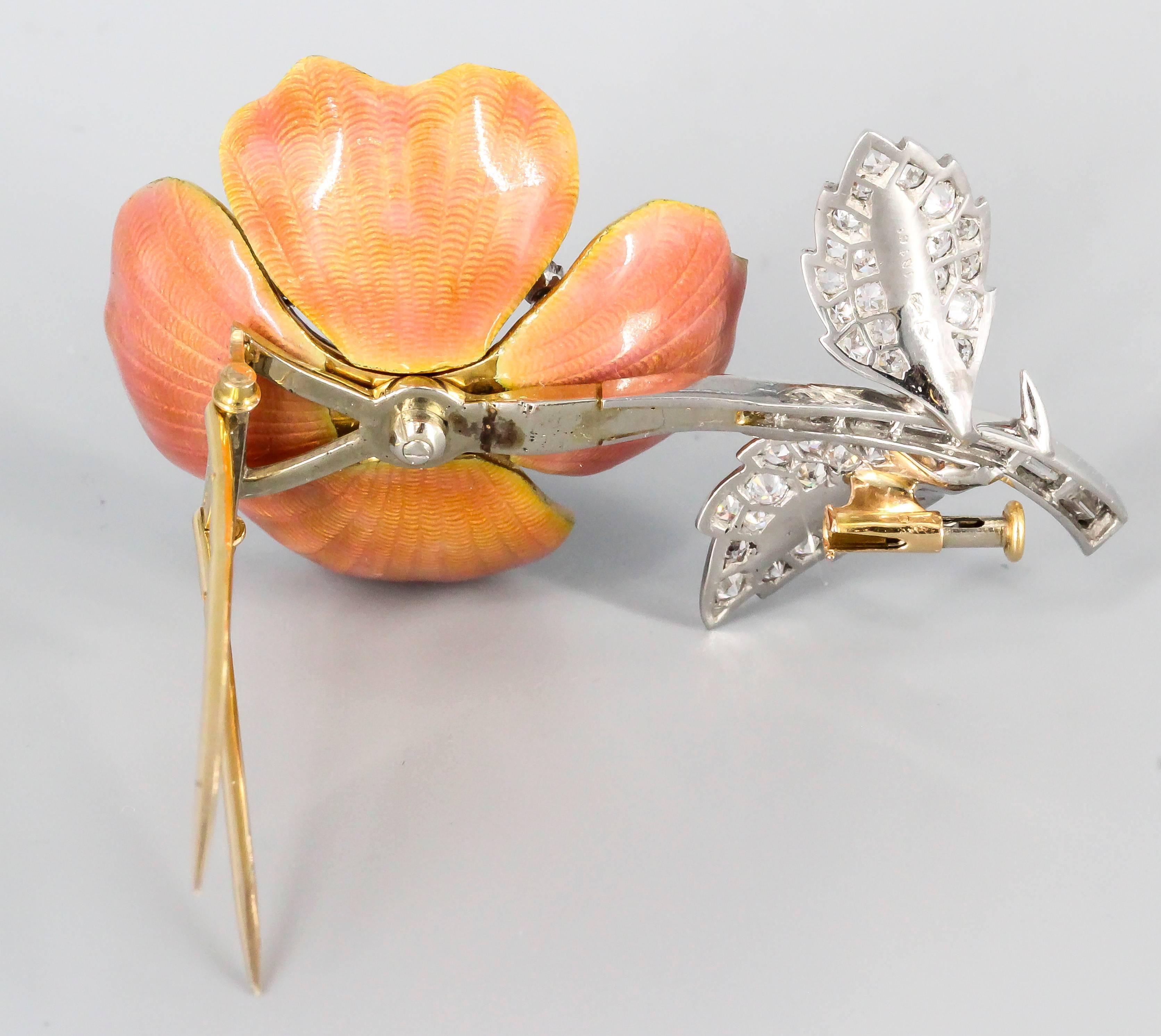 Boucheron Enamel Diamond Gold Platinum Flower Brooch In Excellent Condition In New York, NY