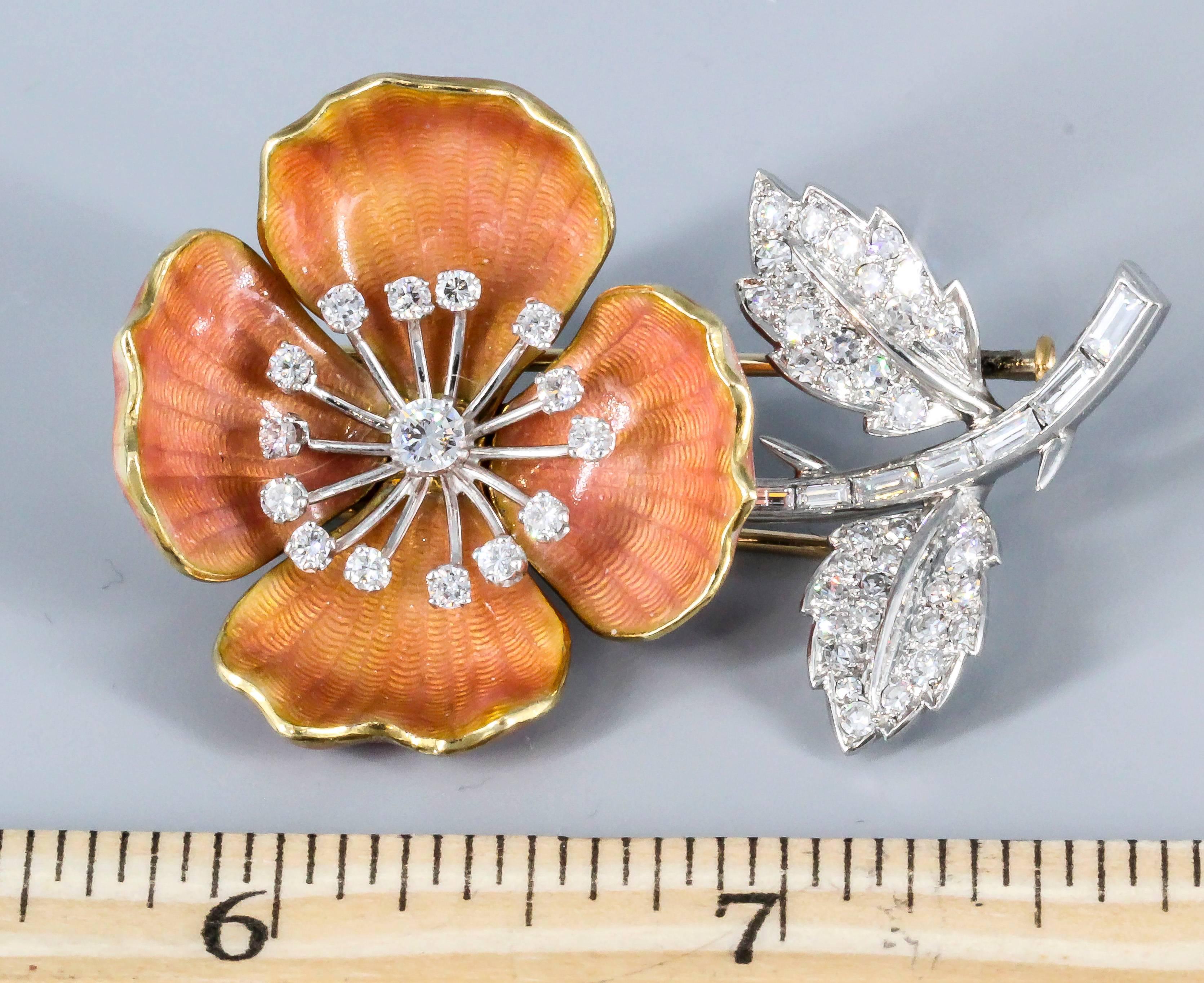 Women's Boucheron Enamel Diamond Gold Platinum Flower Brooch