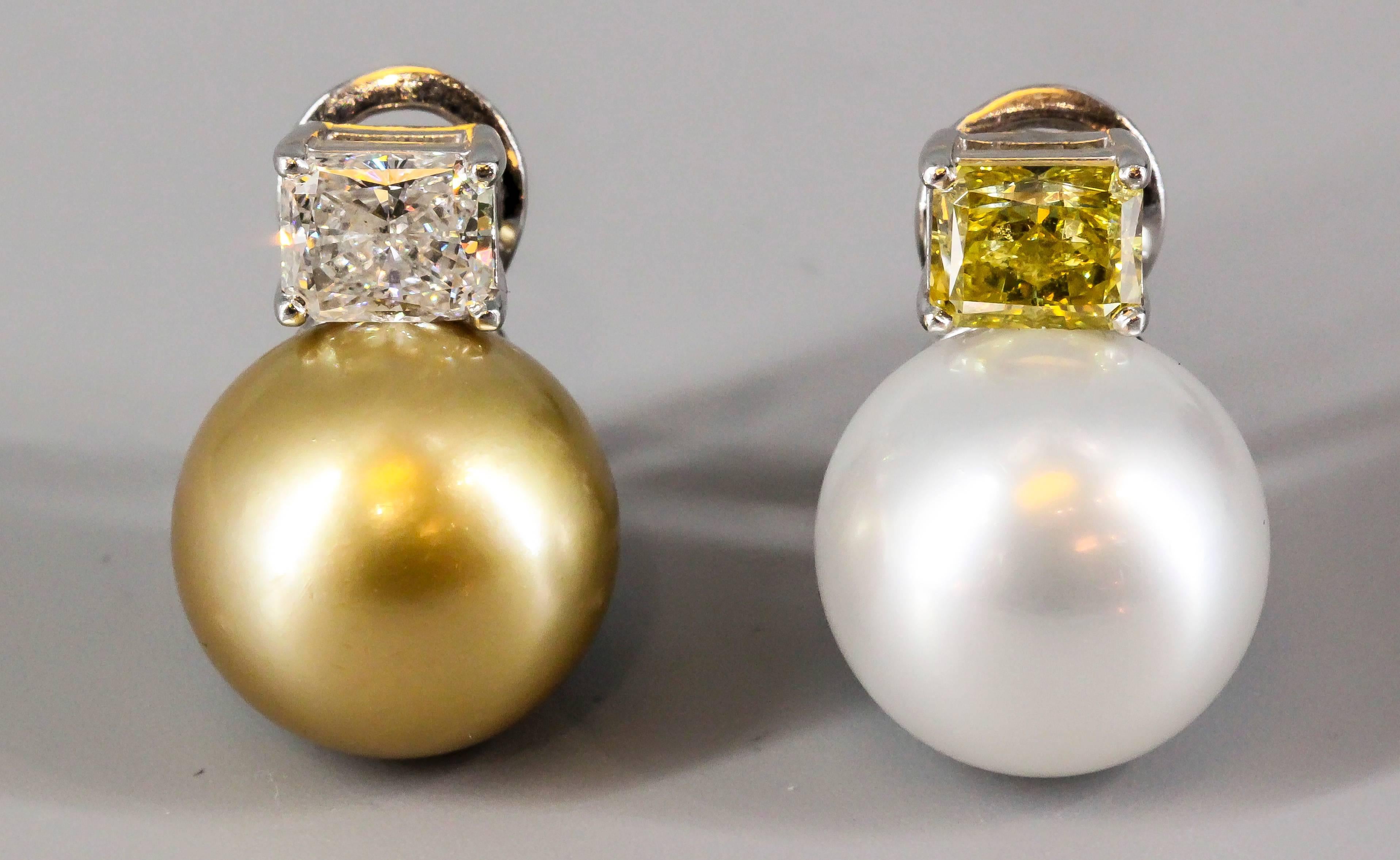 Beautiful diamond, pearl and platinum earrings. They feature rectangular cut very high grade diamonds, one of which is fancy vivid yellow with a total weight of 1.54 cts and VVS2 clarity, while the other is G color, VS1 clarity with a total weight