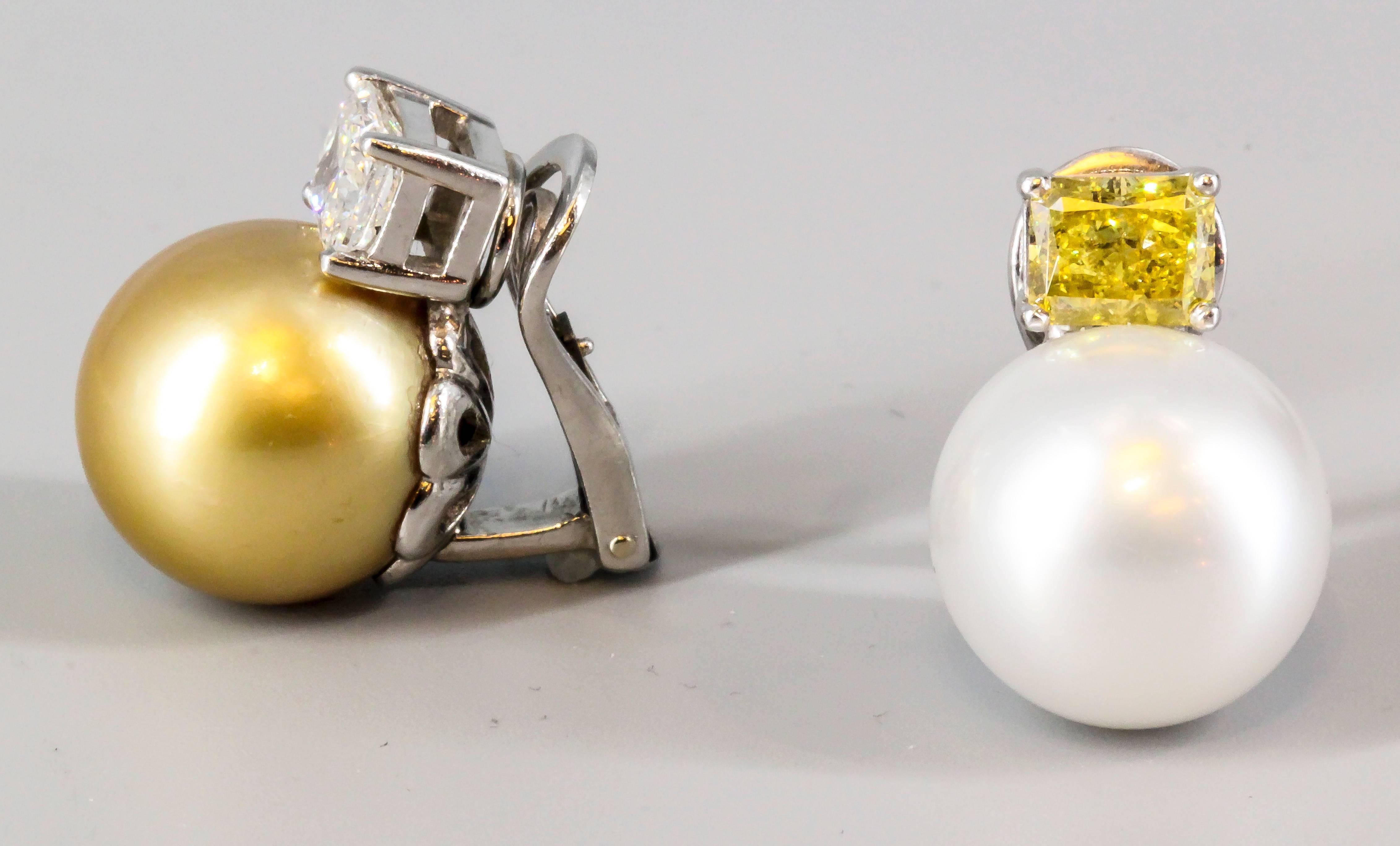 Impressive Fancy Vivid Yellow South Sea Pearl Diamond Platinum Earrings In Excellent Condition In New York, NY