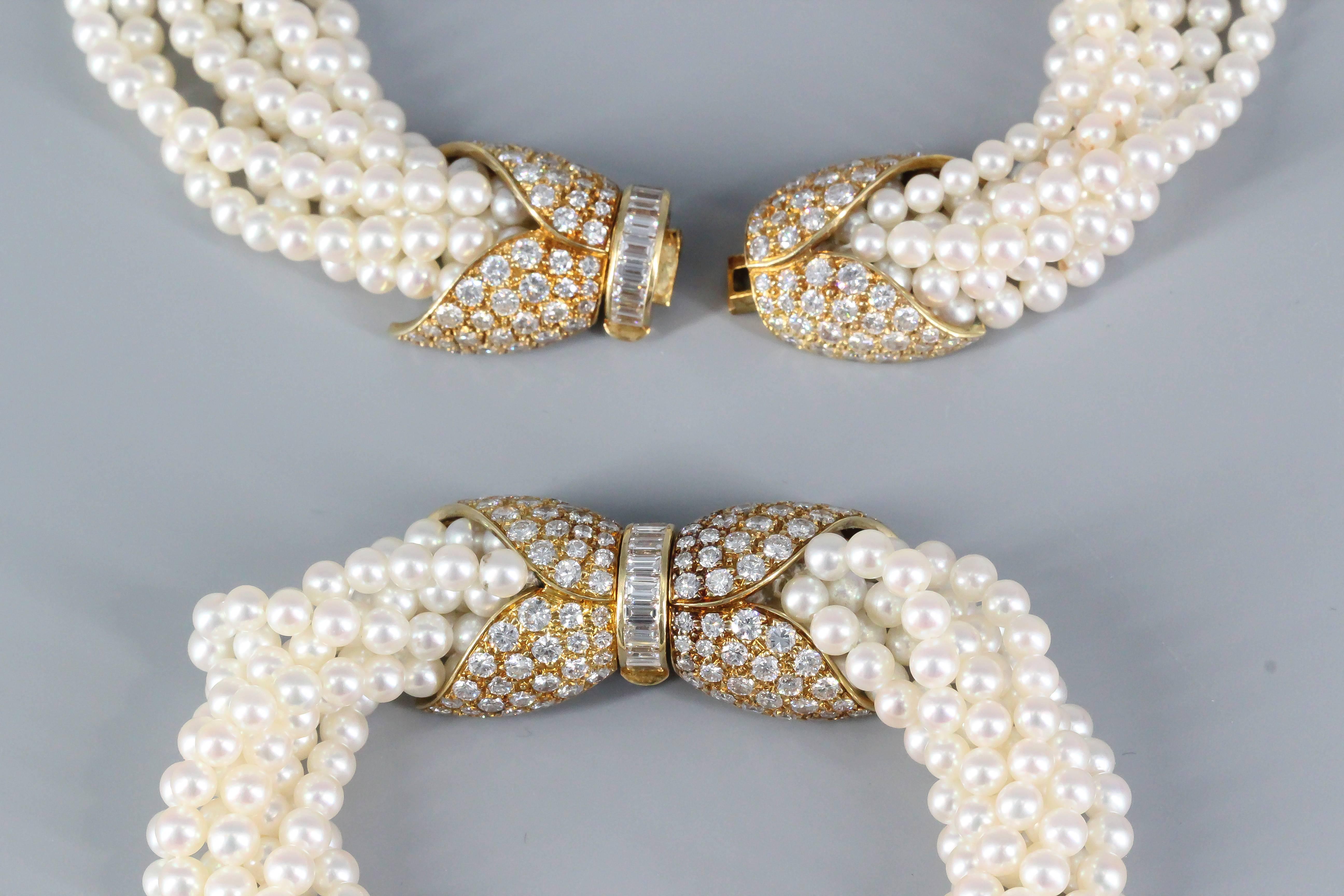 Van Cleef & Arpels Pearl Diamond Gold Torsade Necklace and Bracelet Combination In Excellent Condition In New York, NY