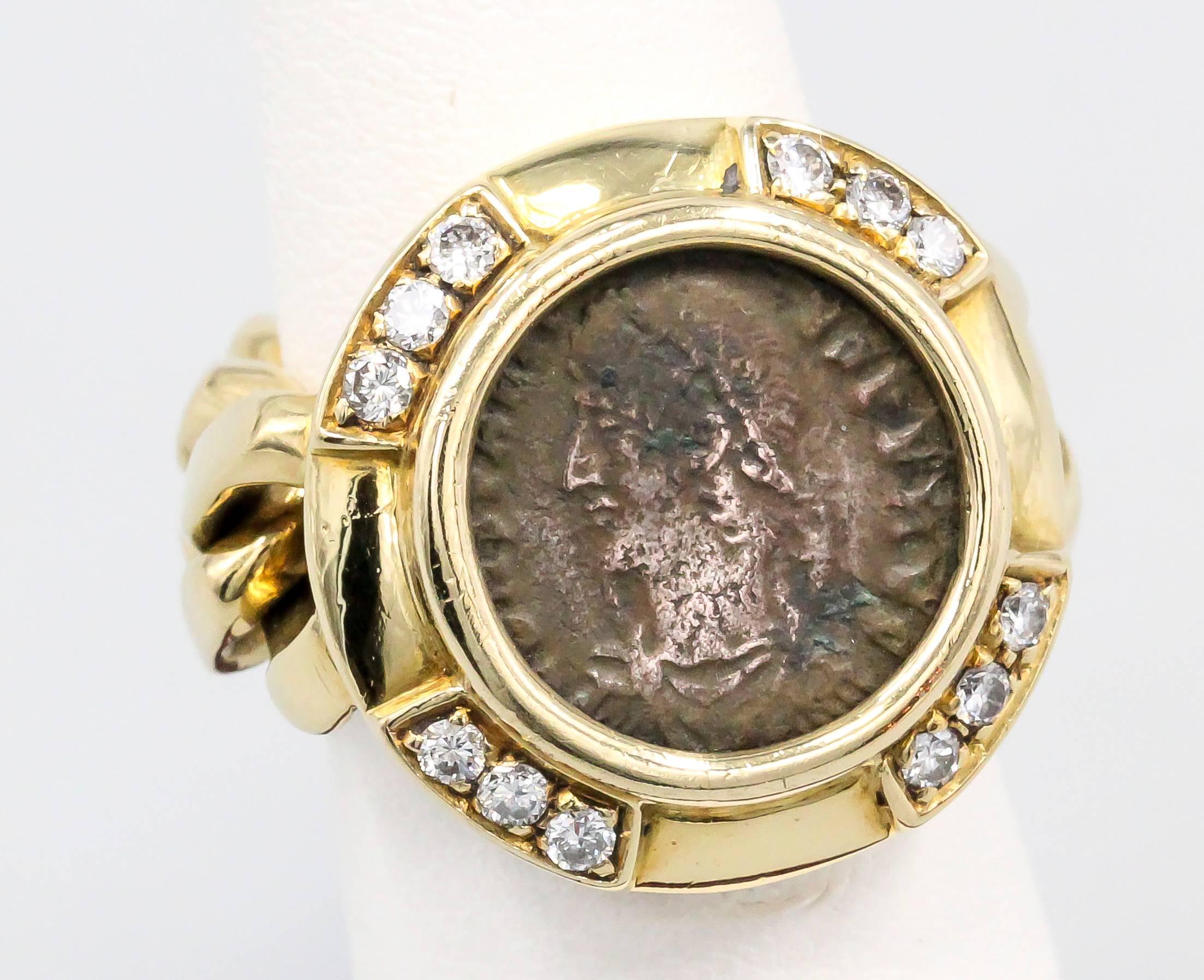 Bulgari Ancient Coin Diamond Gold Flexible Ring In Excellent Condition In New York, NY