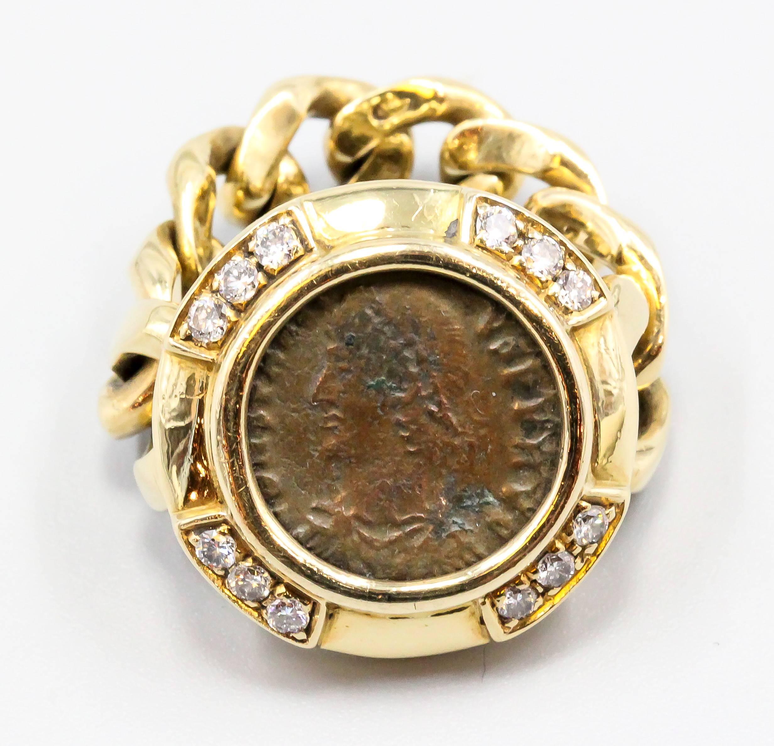 Women's or Men's Bulgari Ancient Coin Diamond Gold Flexible Ring