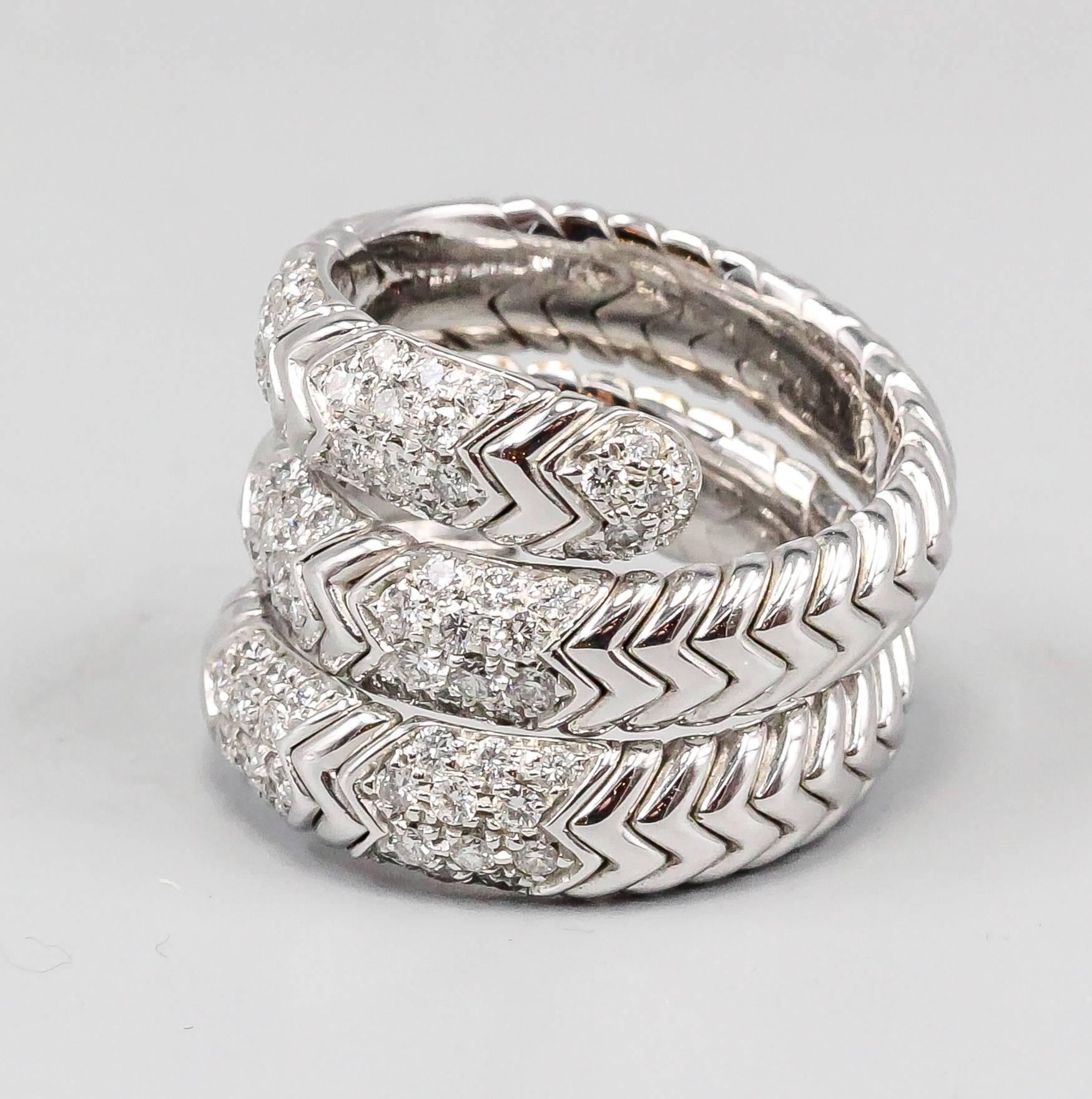 Fashionable diamond and 18K white gold flexible snake ring , from the 